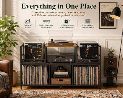 Record Player Stand with Dual Display Bins Storage - Image 4