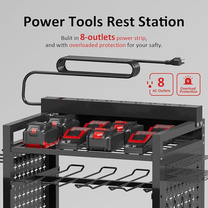 Power Tool Organizer Cart with 8 Power Outlet & Adjustable Storage, Garage - Image 3