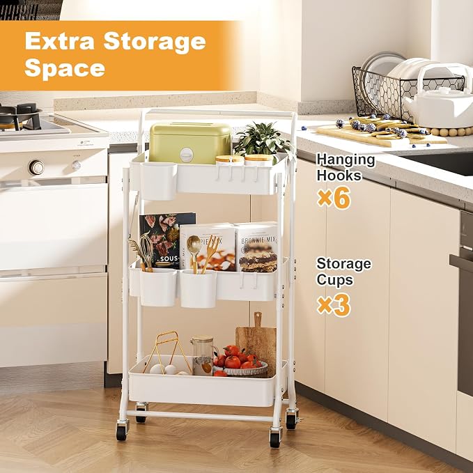 3-Tier Folding Rolling Utility Cart - Image 3