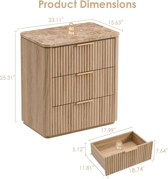 Fluted Nightstand Set of 2, Engineered Wood Bedside Table - Image 3
