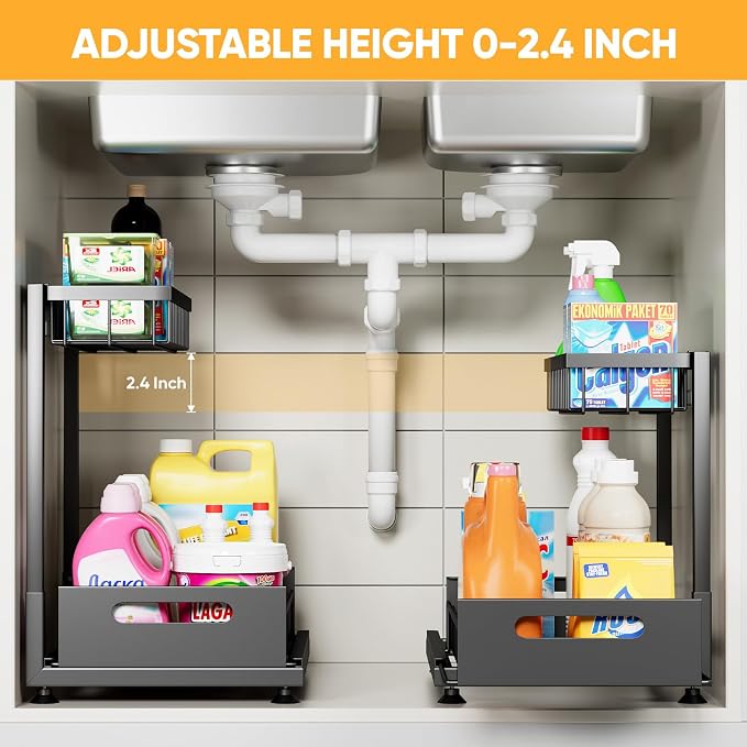 Under Sink Organizer Storage 2-Tier Premium Metal Pull-Out Racks, Height - Image 2