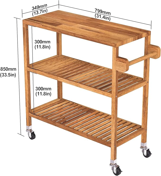 Interbuild 3 Tier Acacia Hardwood Kitchen Cart Portable Rolling Trolley Cart - Image 3