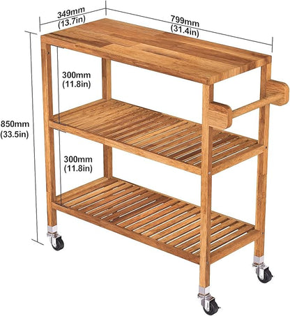 Interbuild 3 Tier Acacia Hardwood Kitchen Cart Portable Rolling Trolley Cart - Image 3