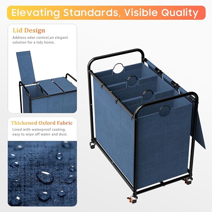 180L Laundry Sorter 3 Section, Rolling Laundry Basket - Image 3