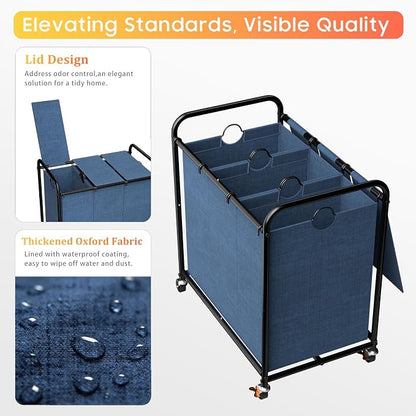 180L Laundry Sorter 3 Section, Rolling Laundry Basket - Image 3