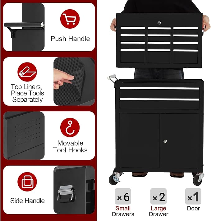 8-Drawer Rolling Tool Chest, 2-in-1 High Capacity Removable Cabinet Storage - Image 5