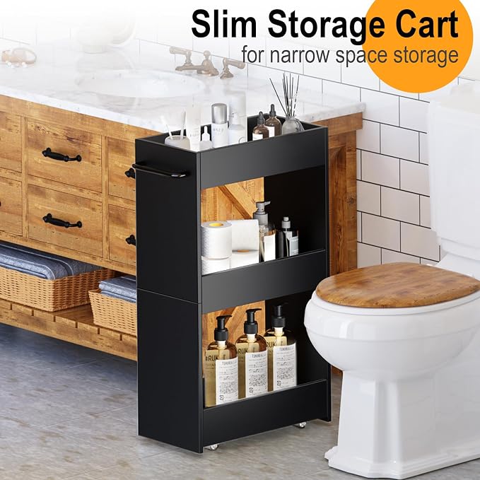 MARTY Wood Rolling Storage Cart 7.9" W, 3 Tier Slim Utility Kitchen Cart on - Image 4