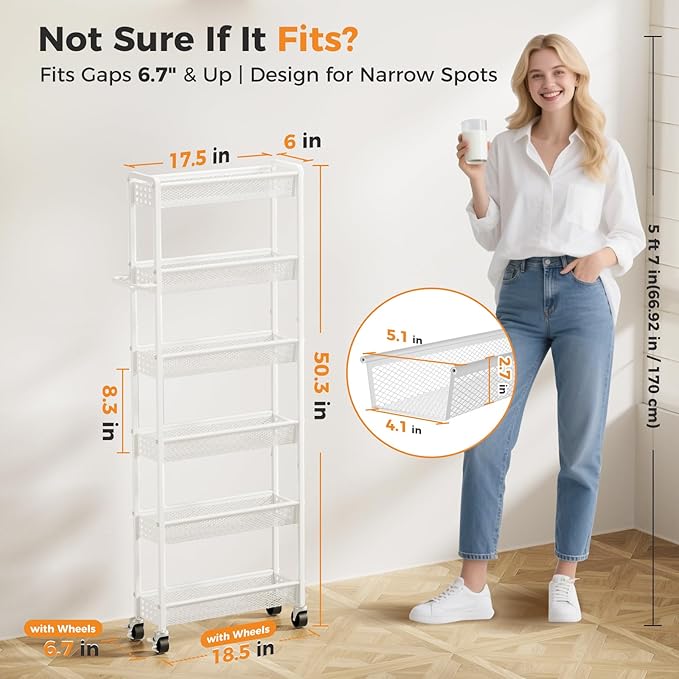 6 Tier Slim Storage Cart with Wheels, Metal Narrow Spice Cabinet Mobile - Image 2