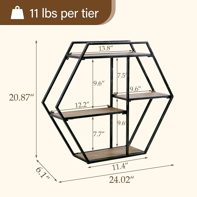 4 Tier Industrial Style Foldable Hexagon-Shaped Wall Shelves | 21" x 24" - Image 3