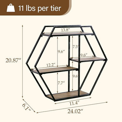 4 Tier Industrial Style Foldable Hexagon-Shaped Wall Shelves | 21" x 24" - Image 3