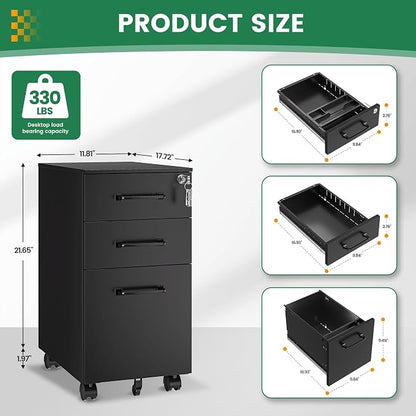 3 Drawer Slim File Cabinet, Mobile Filing Cabinet - Image 3