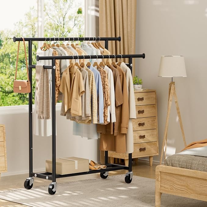 Clothes Rack, Double Rods Rolling Clothing Rack - Image 8