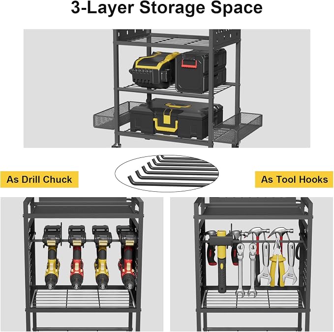 Power Tool Organizer Cart with Charging Station, Heavy Duty Garage Tool - Image 7