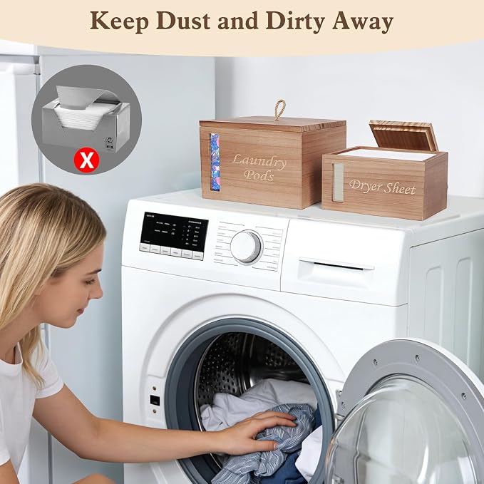 2 Pcs Wood Laundry Pods Container & Dryer Sheet Holder, Solid Pine Laundry - Image 8