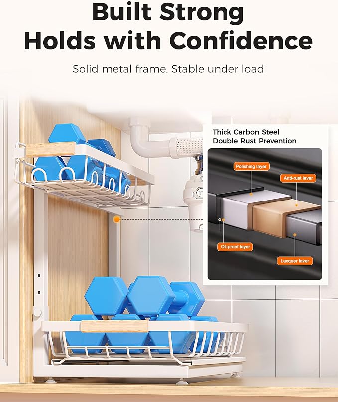 Sevenblue 3 Pack Under Sink Organizer, Height Adjustable 2 Tier Pull-Out Metal - Image 6