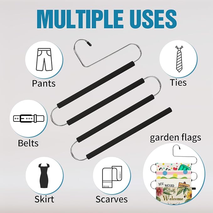 Multiple Space Saving Non Slip Foam Padded Pants Hangers 4 Tier Steel Open - Image 6