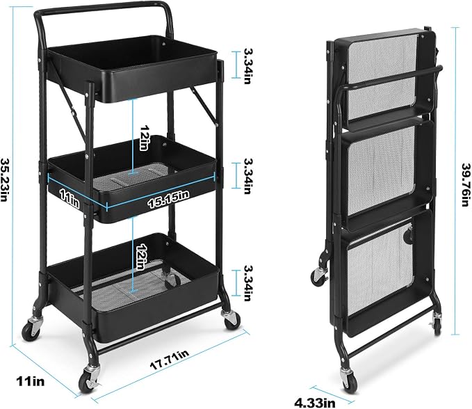 Foldable 3 Tier Metal Utility Rolling Cart, Folding Mobile Multi-Function - Image 5