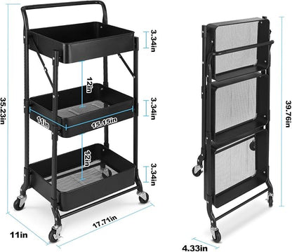 Foldable 3 Tier Metal Utility Rolling Cart, Folding Mobile Multi-Function - Image 5