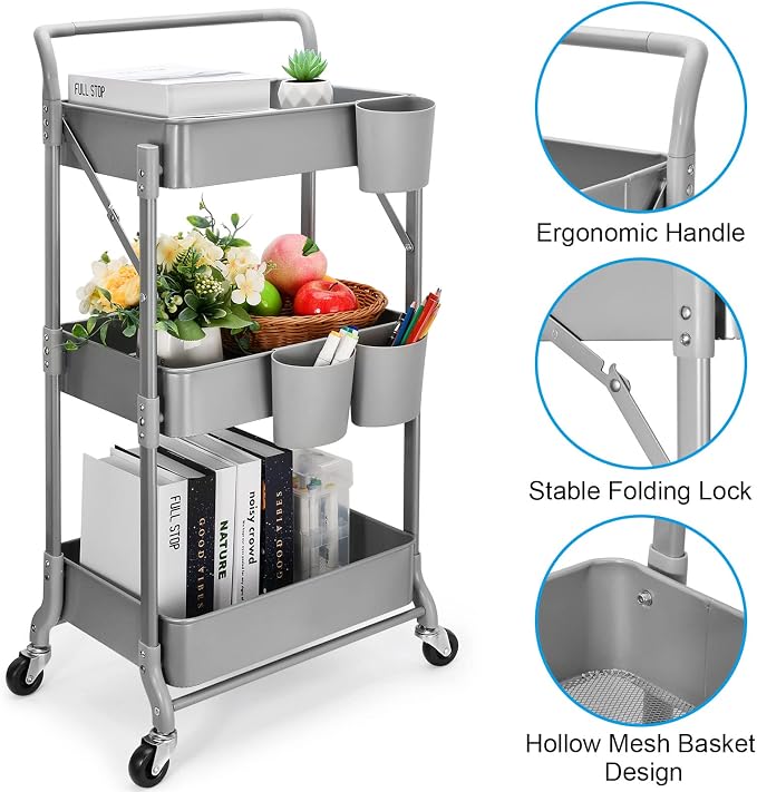 Foldable 3 Tier Metal Utility Rolling Cart, Folding Mobile Multi-Function - Image 4