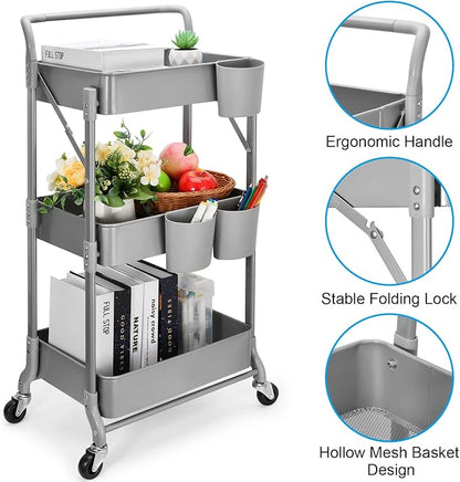 Foldable 3 Tier Metal Utility Rolling Cart, Folding Mobile Multi-Function - Image 4