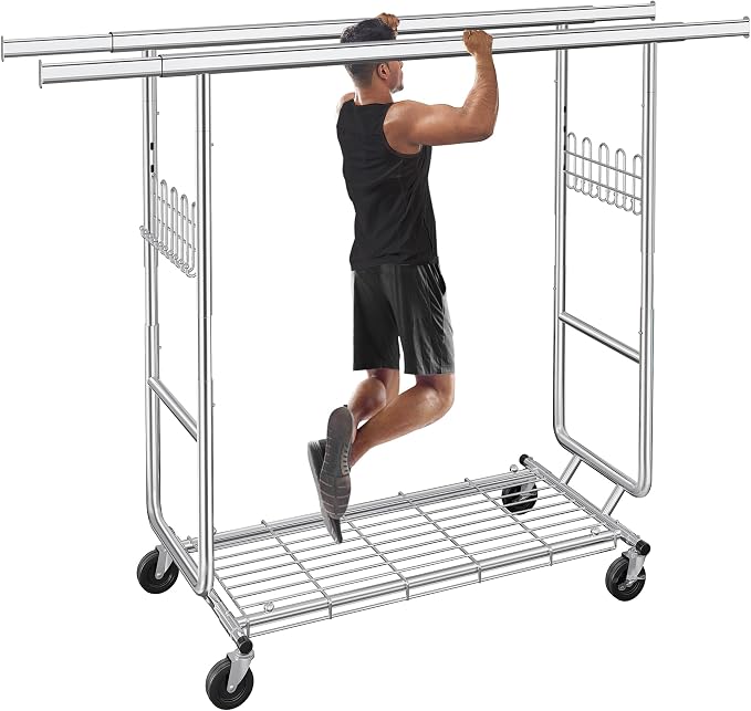 Heavy Duty Clothes Rack Load 620 Lbs, Double Rod Rolling Clothing Rack by Gewudraw