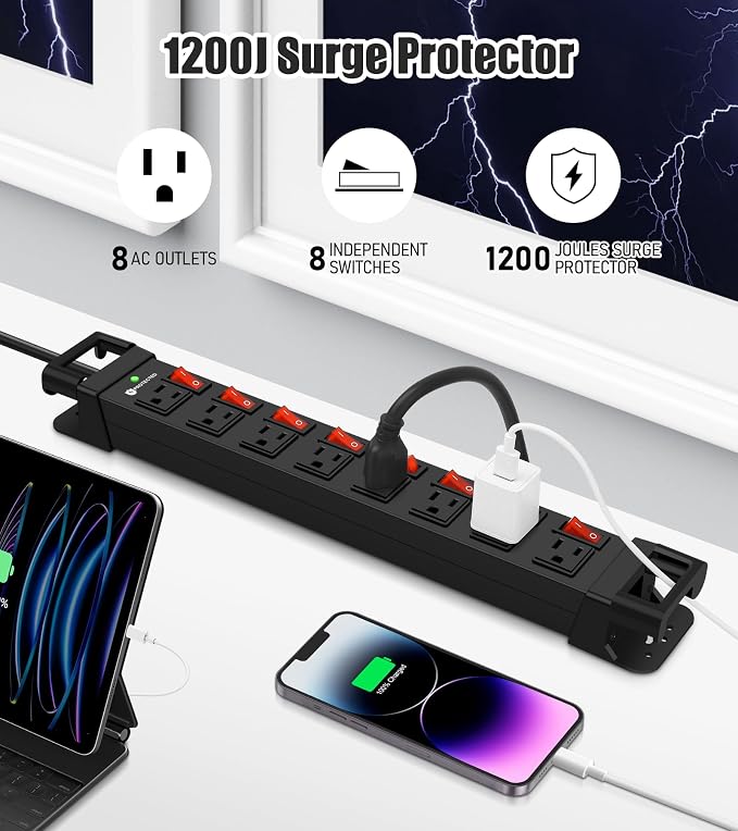 Heavy Duty Power Strip with Individual Switches, 8 Outlets 14 Gauge Industrial - Image 2