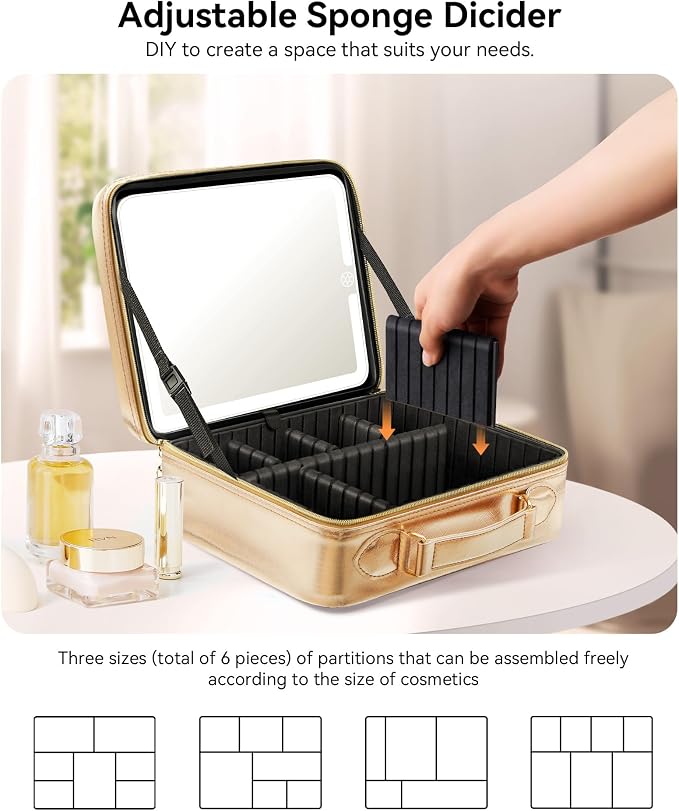 JUSRON Travel Makeup Bag With LED Mirror, Cosmetic Train Case with Light up - Image 4