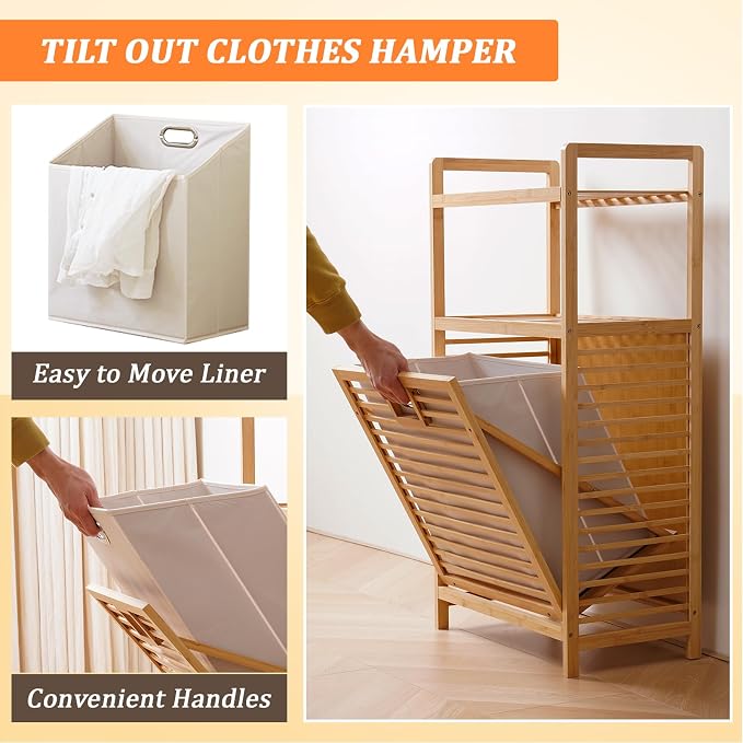Laundry Hamper with 2-Tier Shelves & Tilt Out Basket, Laundry Baskets Organizer - Image 3