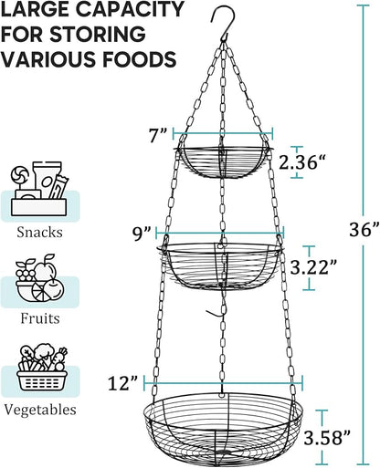 Hanging Fruit Basket for Kitchen, 3-Tier Hanging Fruit Basket | Easy - Image 6