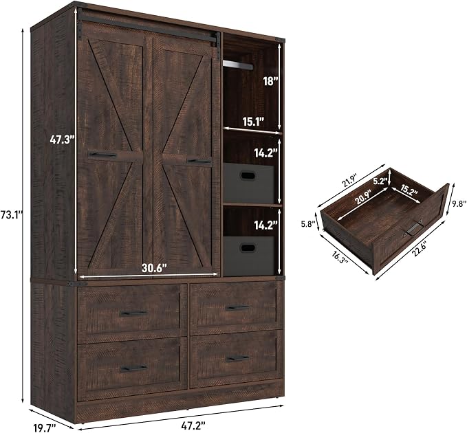 Farmhouse 3 Doors Armoire Wardrobe Closet w/Folding Sliding Barn Door and Lights - Image 2