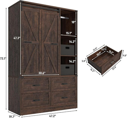 Farmhouse 3 Doors Armoire Wardrobe Closet w/Folding Sliding Barn Door and Lights - Image 2
