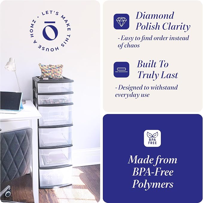 HOMZ 2-Pack Drawer Tower, 6-Tier Clear Plastic Storage Organizer Cart, and - Image 4