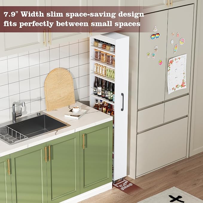 70" Tall Wooden Slim Storage Cart, 7 Tier Kitchen Rolling Cart - Image 5