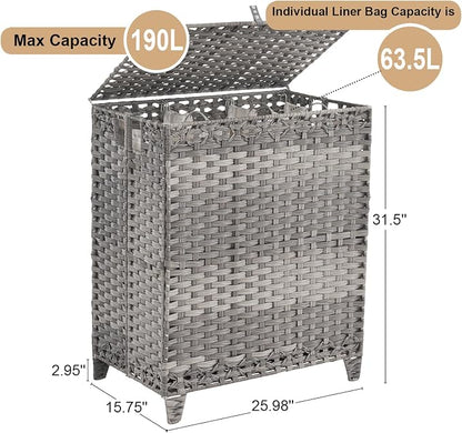 Laundry Hamper with Lid, 190L Large Laundry Basket 3 Section with 6 Removable - Image 4