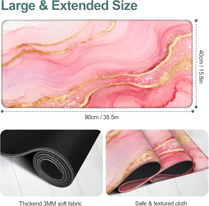 Pink and Gold Stripes Gaming Mouse Pad 35.4"x15.7"Desk Mat Anti-Slip Rubber - Image 2