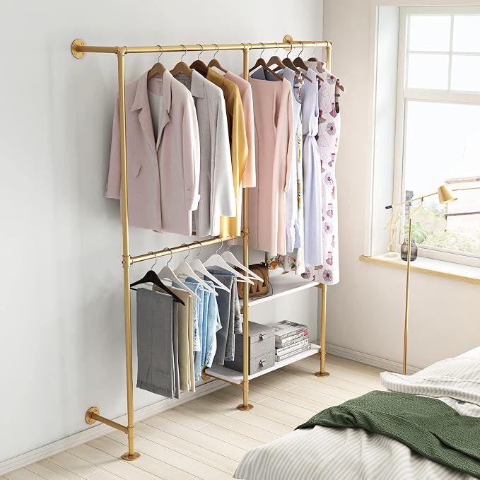 Gold Pipe Clothes Racks with White Shelves, Industrial Pipe Gold Clothing Rack - Image 5