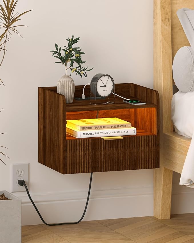 Floating Nightstand with Charging Station and LED Lights by Unknown