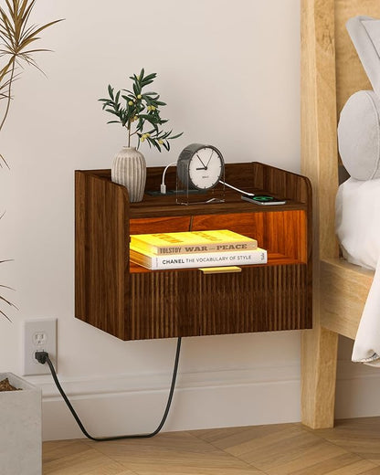 Floating Nightstand with Charging Station and LED Lights by Unknown