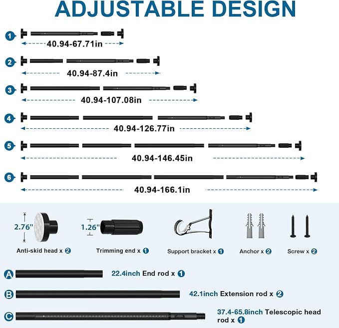 AIZESI 41-165 Inch Heavy Duty Black Tension Curtain Rod - Image 4