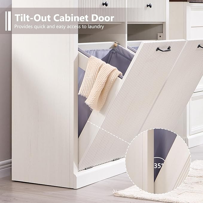 Modern Double Tilt-Out Laundry Hamper Cabinet, 20 Gallon Fluted Trash Can - Image 4