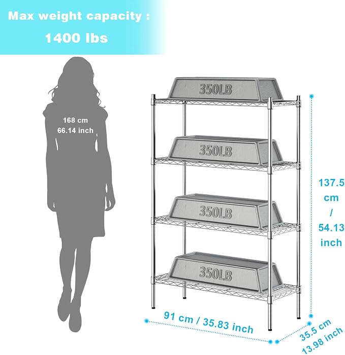 Auslar 4-Tier Heavy Duty Wire Shelving, Adjustable Storage Rack, Chrome | 14"D - Image 3