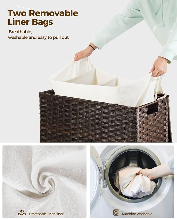 GREENSTELL Laundry Hamper with Wheels&Lid, 130L Large 3 Sections Clothes Hamper - Image 4