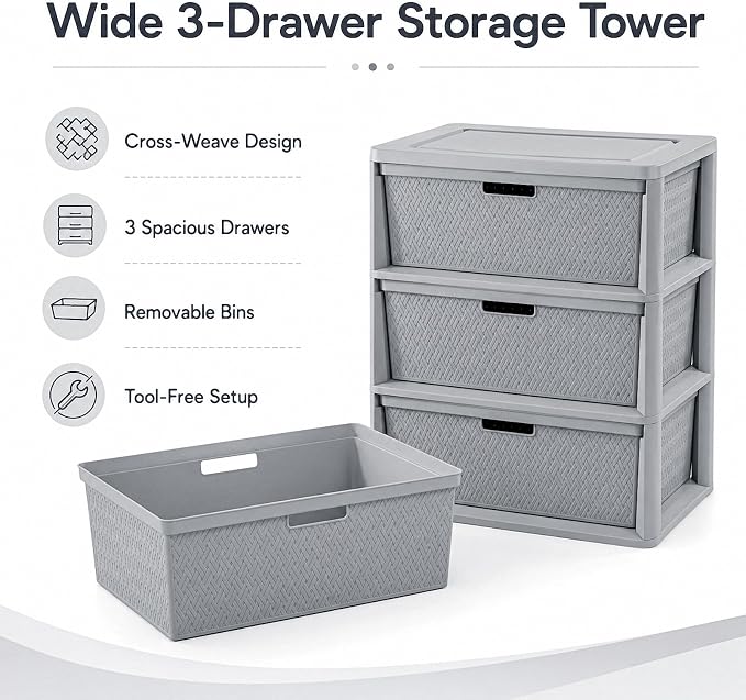 3-Drawer Wide Plastic Storage Cabinet, Smooth Glide Bins, Lightweight Tower - Image 6