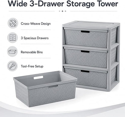 3-Drawer Wide Plastic Storage Cabinet, Smooth Glide Bins, Lightweight Tower - Image 6
