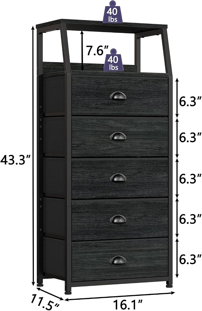 Furnulem Black Dresser for Bedroom, Fabric Dorm Tall Nightstand | 5 Drawers - Image 3