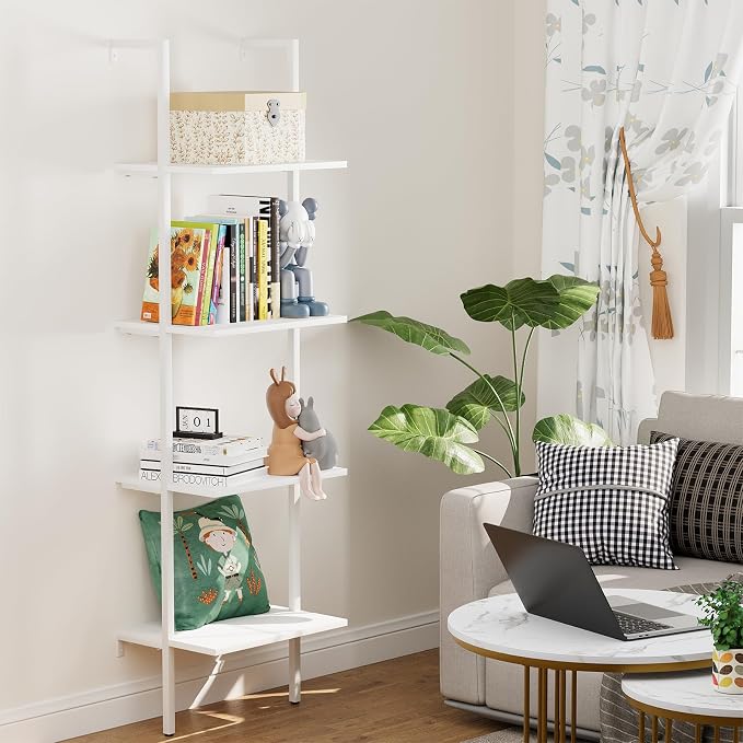 Ladder Shelf 4 Tiers Metal Industrial Bookshelf, Wall Mount Wide Bookcase - Image 5