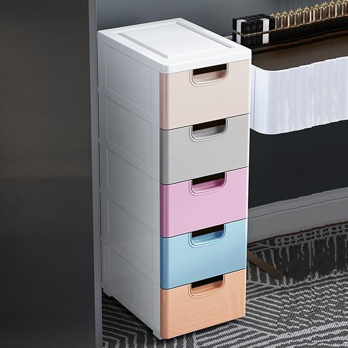 5 Drawer Stackable Storage Tower, Plastic Drawers Dresser, Narrow Rolling - Image 5