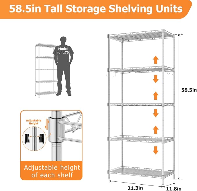Storage Shelves, 21.3" W x 11.8" D x 58.5" H Wire Shelving Unit Loads 550LBS - Image 3