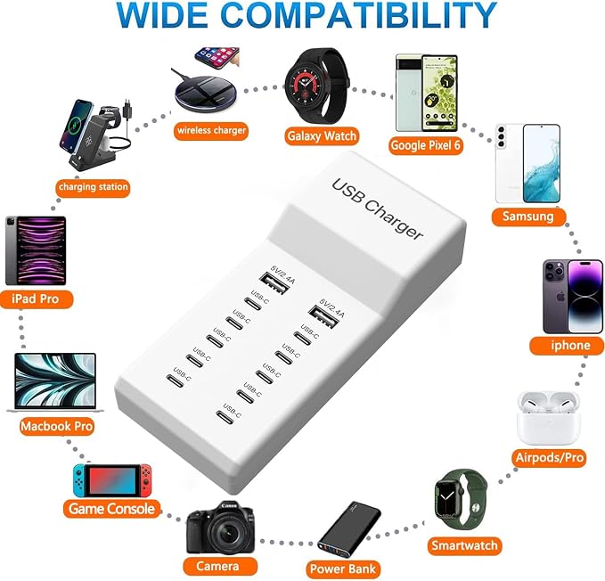 USB C Charger, 12 Ports USB Charging Station, 60W MultiPort Charger, Compatible - Image 2
