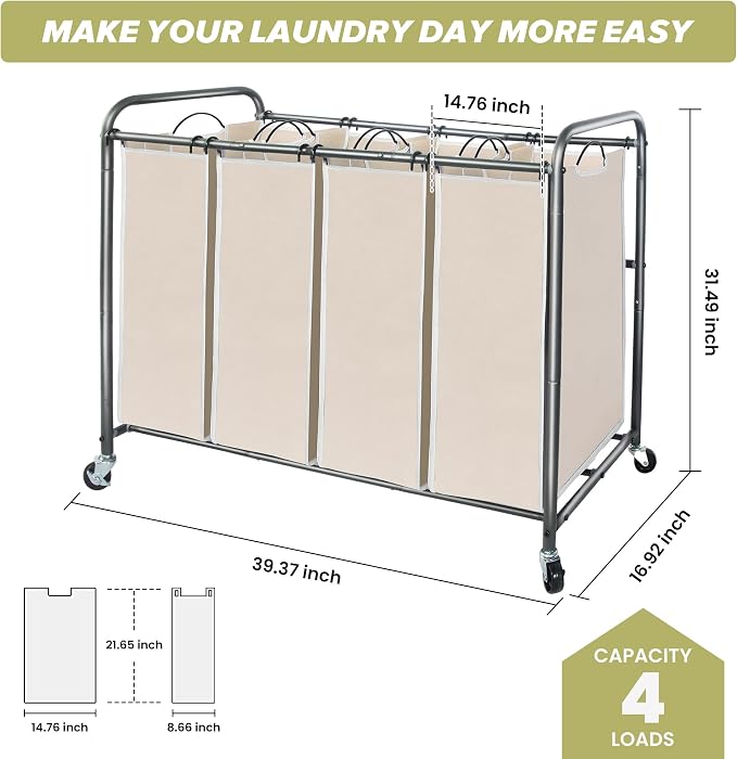 Laundry Sorter Hamper with Wheels, Heavy-Duty Laundry Sorter Rolling Cart - Image 2